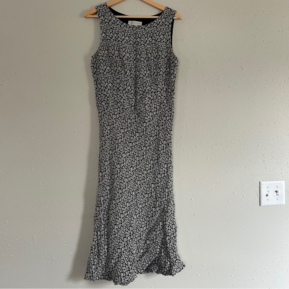Vintage Casual Corner 90s Retro Black White Floral Midi Dress 10